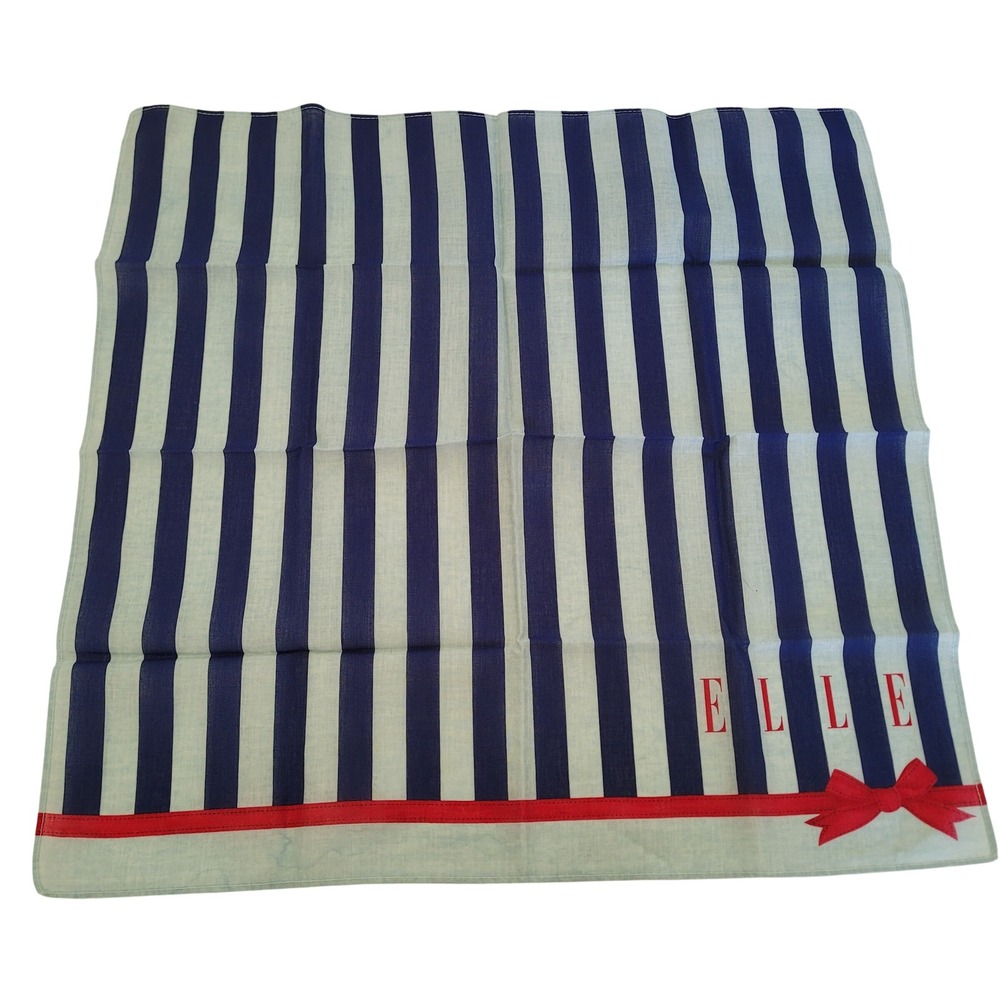 ELLE Paris Vintage Striped Handkerchief Blue Red Bow Cotton Pocket Square Scarf